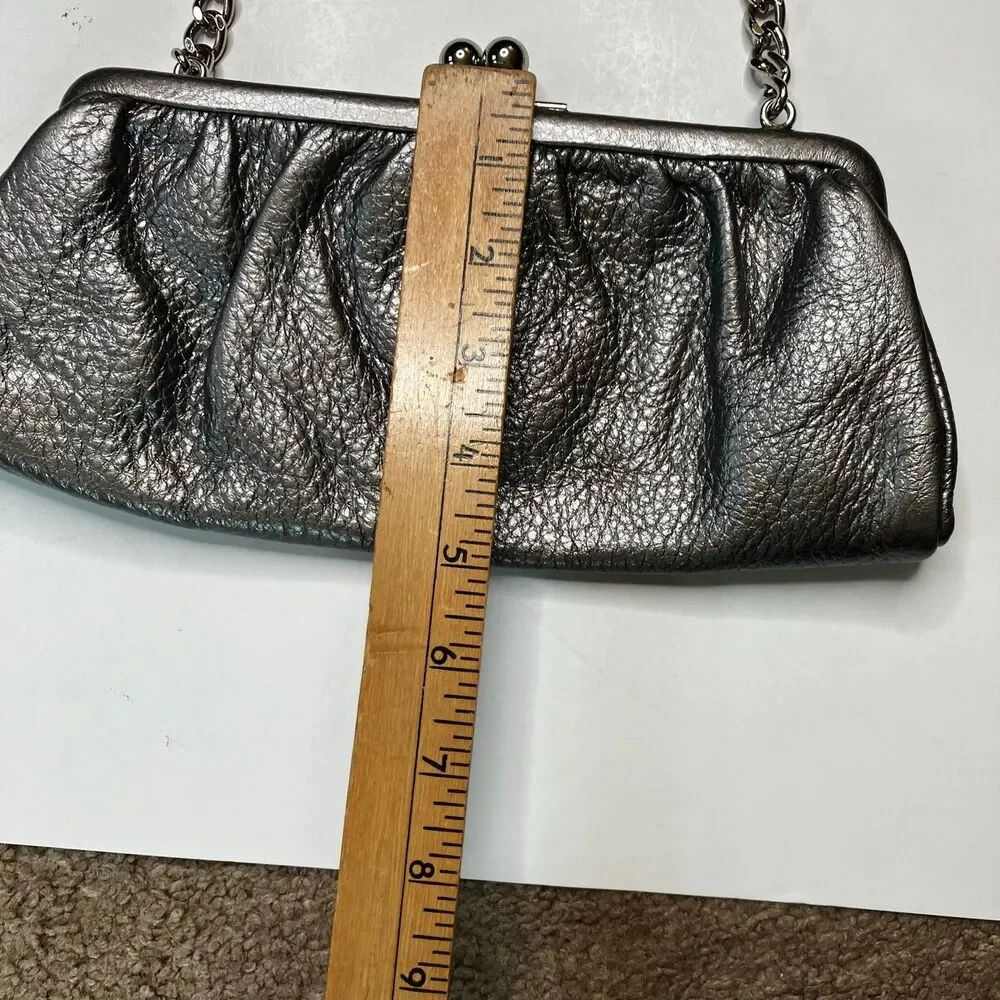 Talbot's Metallic Silver Gray Leather Clutch Evening Purse With Shoulder Strap